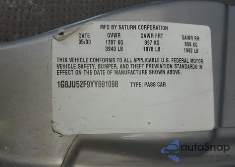 2000 Saturn Ls1 z USA, uszkodzony, nr VIN 1G8JU52F9YY691088